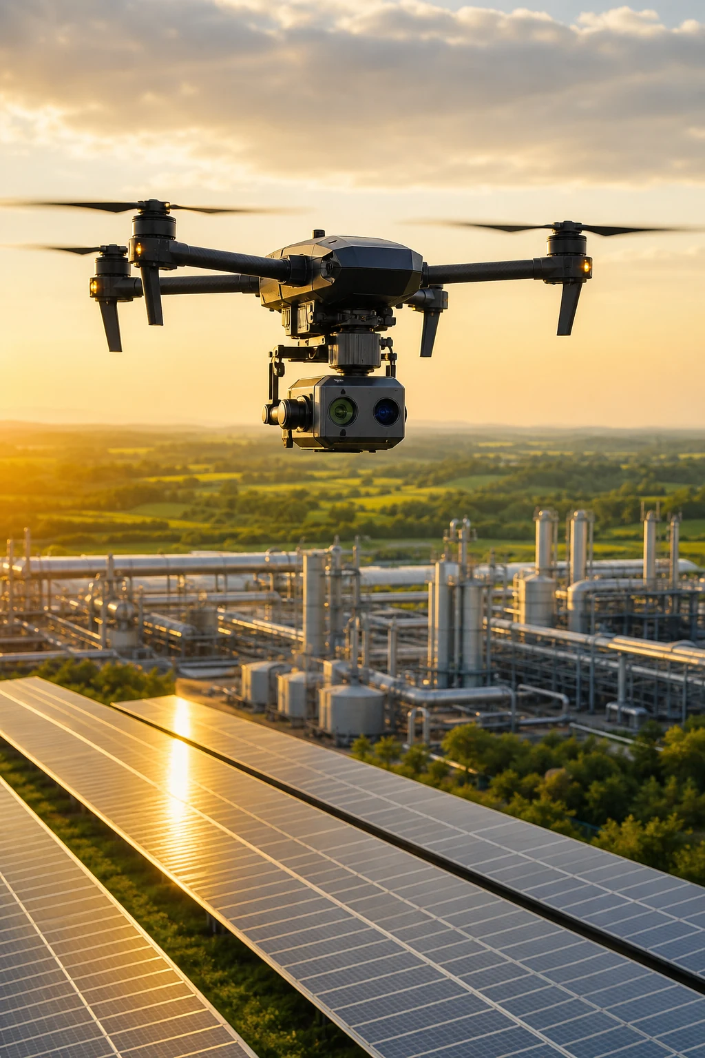 Dron z głowicą optyczną podczas inspekcji infrastruktury
